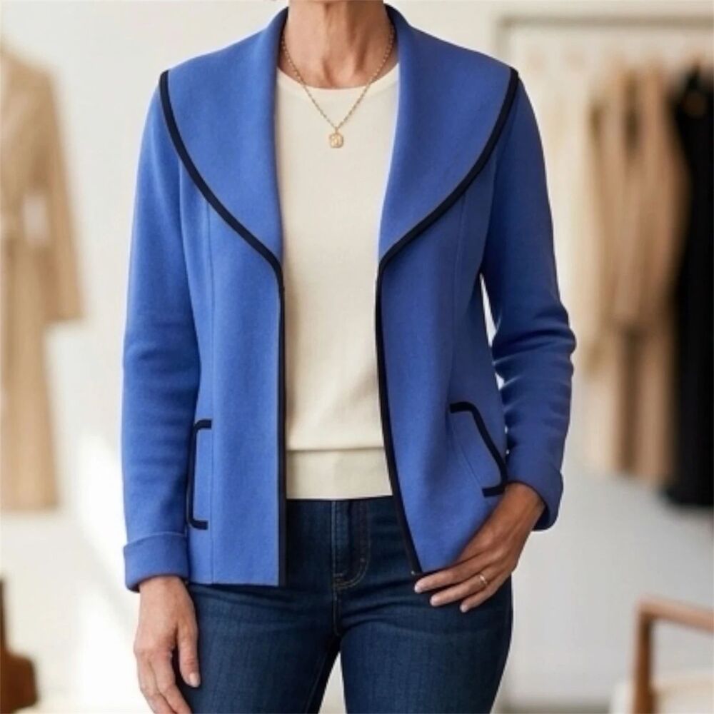 Misook Cardigan Womens Petite Large Acrylic Blue Stretch Classic Career Vintage